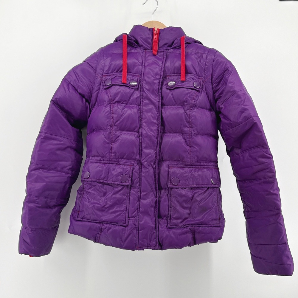 Boden Women's Purple Puffer Jacket Convertible Vest Zip Off Sleeves Hooded US 2
